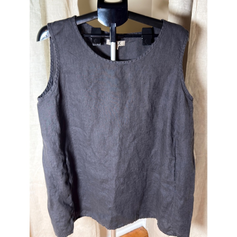 FLAX Womens L 100% Linen Side Pocket Tunic Charcoal Gray Sleeveless Lagenlook
